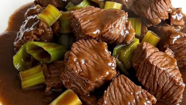 A close-up of a tender slow-cooked beef and leek dish served on a white plate.