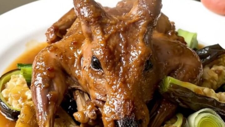A white plate featuring tender braised rabbit pieces surrounded by glazed carrots, leeks, and onions in a light cider sauce.