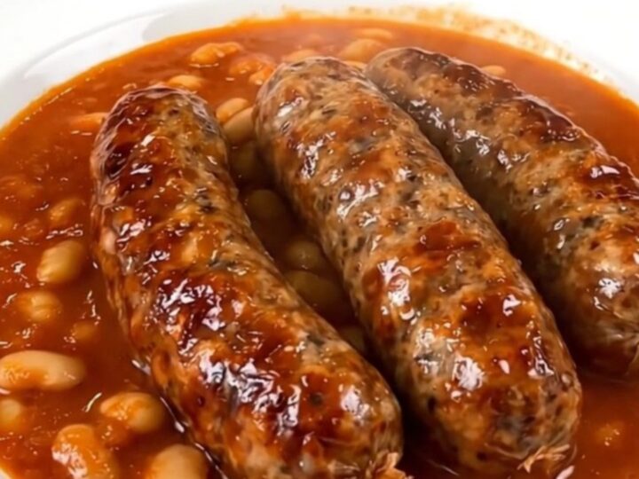 A rustic slow cooker dish featuring Toulouse sausages, white beans, and a rich tomato sauce.