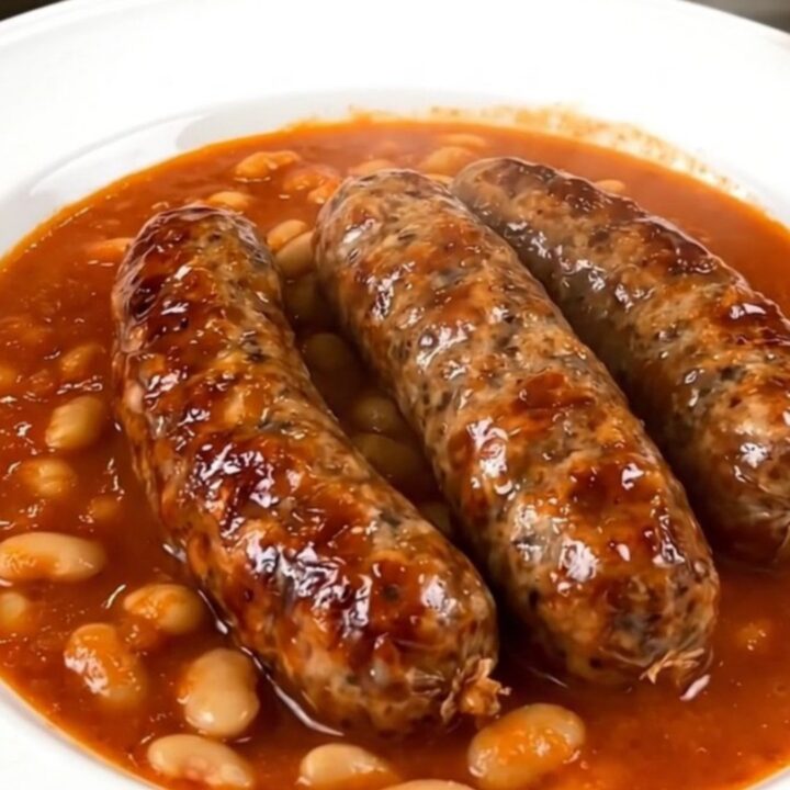 A rustic slow cooker dish featuring Toulouse sausages, white beans, and a rich tomato sauce.