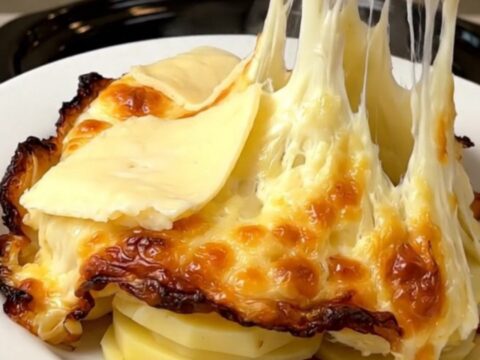 A rustic slow cooker filled with layers of tender potatoes and melted tomme cheese.