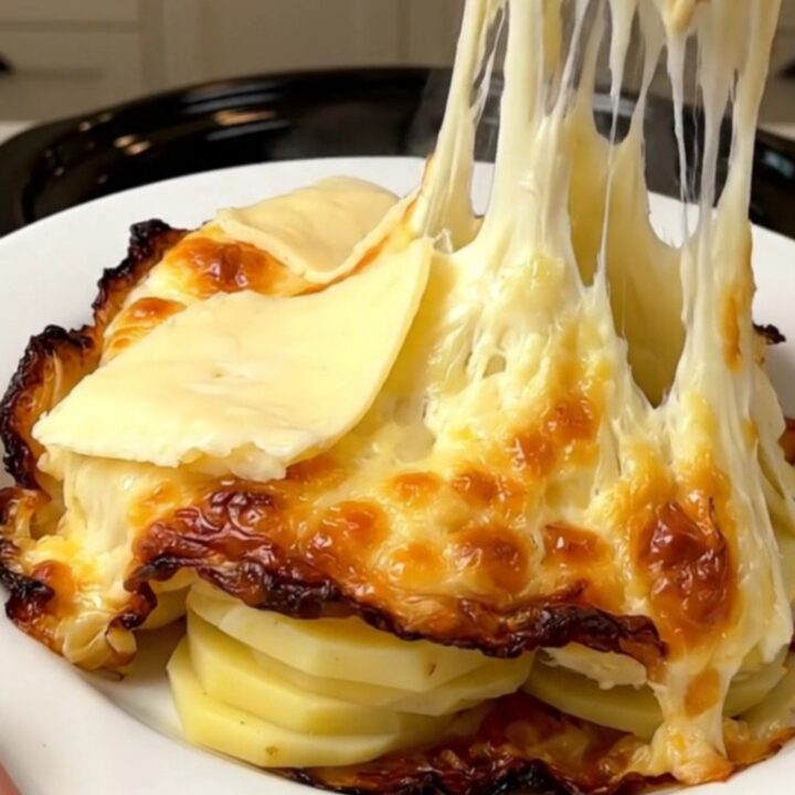 A rustic slow cooker filled with layers of tender potatoes and melted tomme cheese.