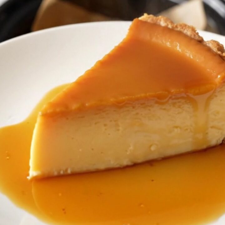 A thick, glossy slice of golden crustless custard tart on a white plate.