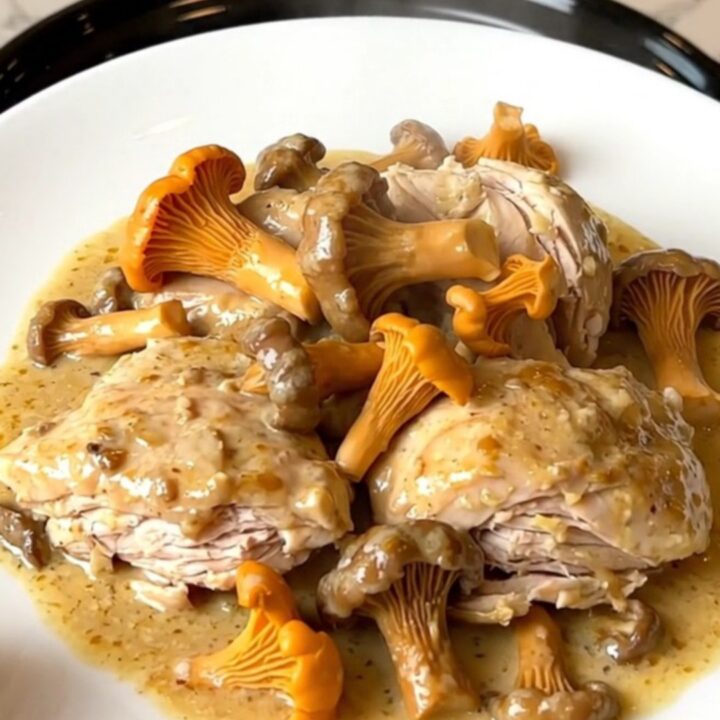 Creamy slow cooker chicken with golden chanterelles and shallots served on a white plate.