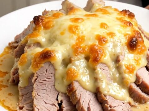 A succulent slow cooker pork roast Orloff sliced and served on a white plate with creamy sauce.