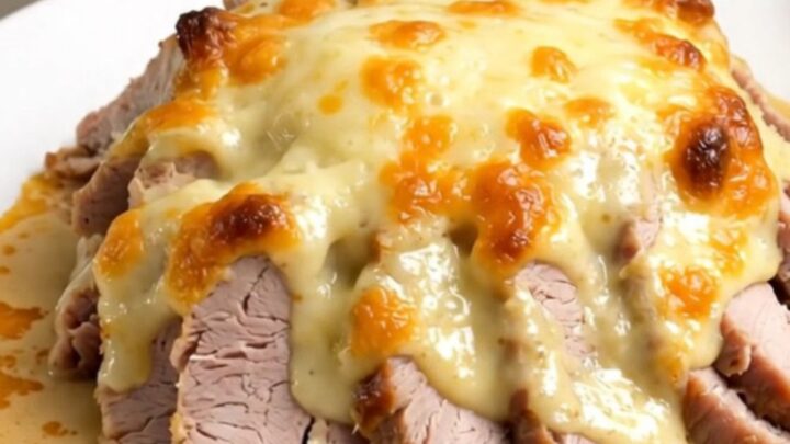 A succulent slow cooker pork roast Orloff sliced and served on a white plate with creamy sauce.