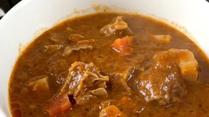 Une garbure landaise servie dans un bol en céramique blanc, avec le bouillon brillant et des morceaux de viande tendres.