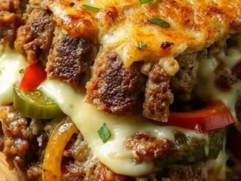 A slice of Philly cheesesteak stuffed meatloaf on a wooden board showing melted provolone and peppers.