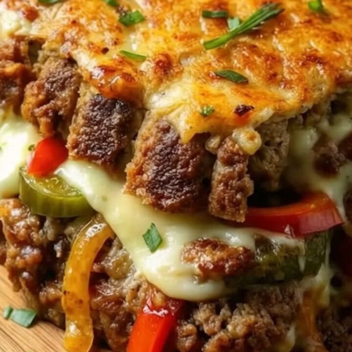 A slice of Philly cheesesteak stuffed meatloaf on a wooden board showing melted provolone and peppers.