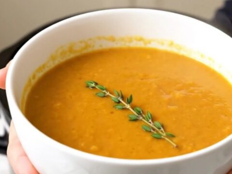 A steaming white bowl of smooth, orange-toned root vegetable soup garnished with fresh thyme leaves.