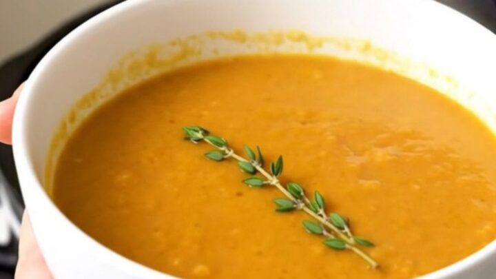 A steaming white bowl of smooth, orange-toned root vegetable soup garnished with fresh thyme leaves.