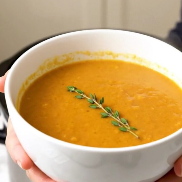 A steaming white bowl of smooth, orange-toned root vegetable soup garnished with fresh thyme leaves.