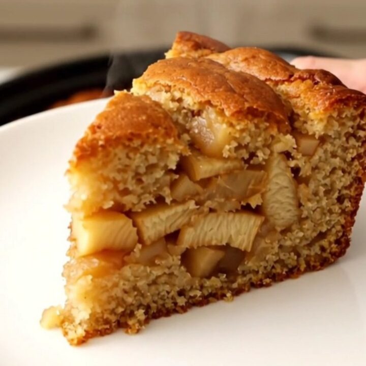 Gâteau aux pommes doré et fondant, servi dans une assiette blanche avec des reflets de lumière naturelle.