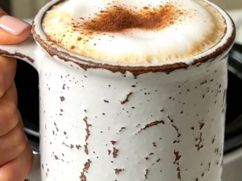 Un chai latte chaud et onctueux dans un mug rustique, avec de la mousse et de la cannelle.