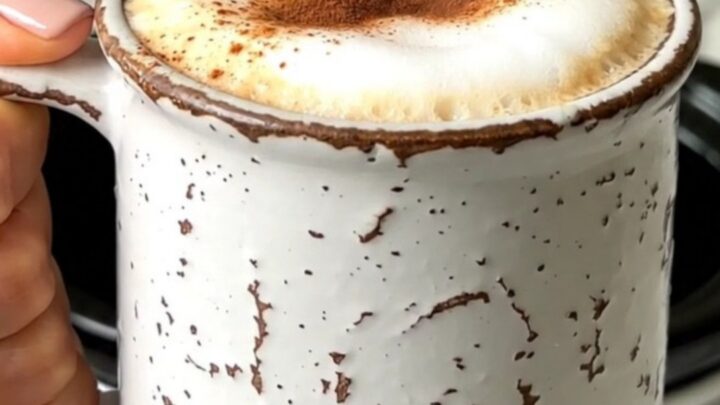 Un chai latte chaud et onctueux dans un mug rustique, avec de la mousse et de la cannelle.