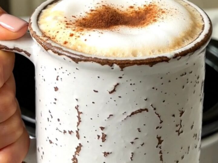 Un chai latte chaud et onctueux dans un mug rustique, avec de la mousse et de la cannelle.