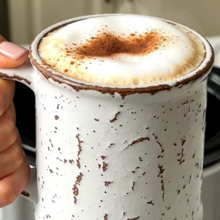 Un chai latte chaud et onctueux dans un mug rustique, avec de la mousse et de la cannelle.