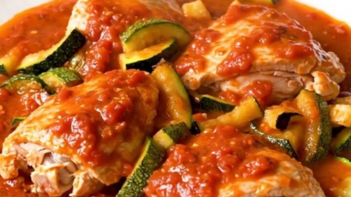 A close-up of slow-cooked Provencal chicken and zucchini served on a white plate with tomato sauce.