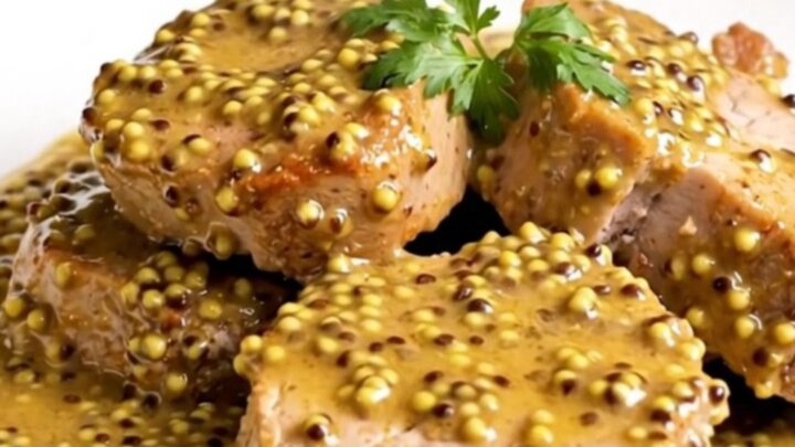 A close-up of tender slow-cooked pork collar chunks topped with sautéed leeks and a creamy mustard sauce on a white plate.