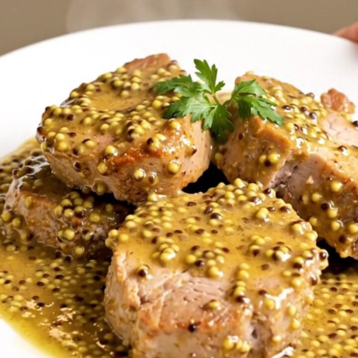 A close-up of tender slow-cooked pork collar chunks topped with sautéed leeks and a creamy mustard sauce on a white plate.
