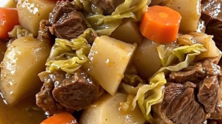 A rustic slow cooker filled with chunks of pork belly, beef, carrots, turnips, and cabbage in a savory broth.