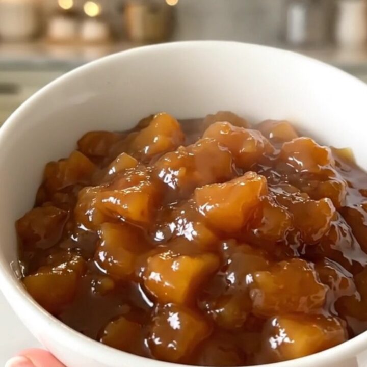 Glossy, warm compote of sliced quince, apple, and pear served in a simple white ceramic bowl.