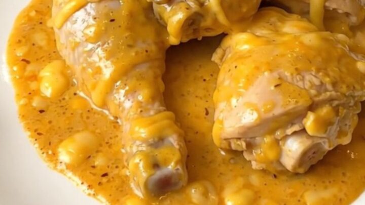 Slow cooker Maroilles chicken with creamy sauce in a black oval slow cooker on a quartz countertop.