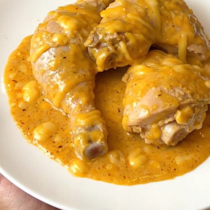 Slow cooker Maroilles chicken with creamy sauce in a black oval slow cooker on a quartz countertop.