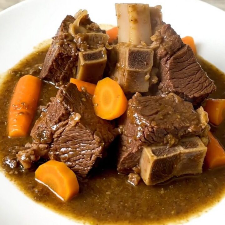 A close-up of tender beef neck stew with vibrant yellow carrots in a black slow cooker.