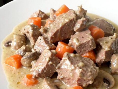 A steaming plate of creamy veal blanquette with carrots and pearl onions on a white plate.