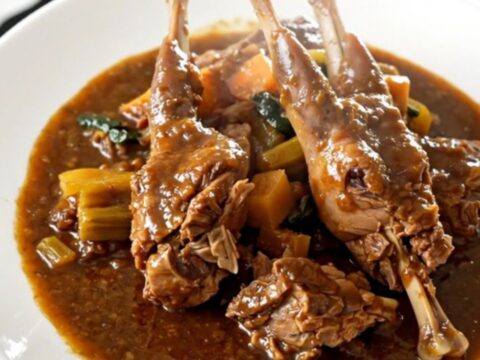 A close-up of a steaming bowl of rabbit stew featuring tender meat, vibrant carrots, and a rich, glossy red wine sauce.