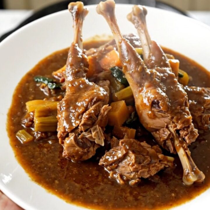 A close-up of a steaming bowl of rabbit stew featuring tender meat, vibrant carrots, and a rich, glossy red wine sauce.