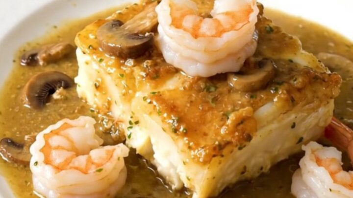 A top-down view of cod fillets, mushrooms, and shrimp in a slow cooker, ready to be cooked.
