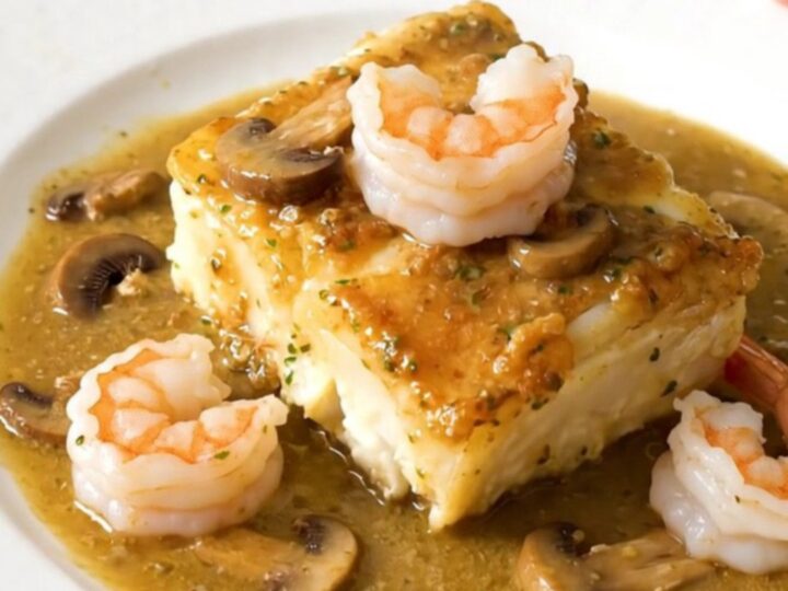 A top-down view of cod fillets, mushrooms, and shrimp in a slow cooker, ready to be cooked.
