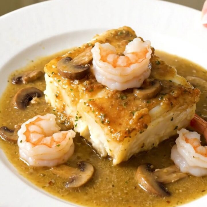 A top-down view of cod fillets, mushrooms, and shrimp in a slow cooker, ready to be cooked.