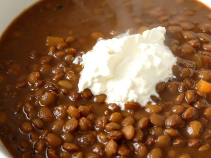 A top-down view of a black slow cooker filled with green lentils, sliced onions, and carrots in a rich red wine broth.