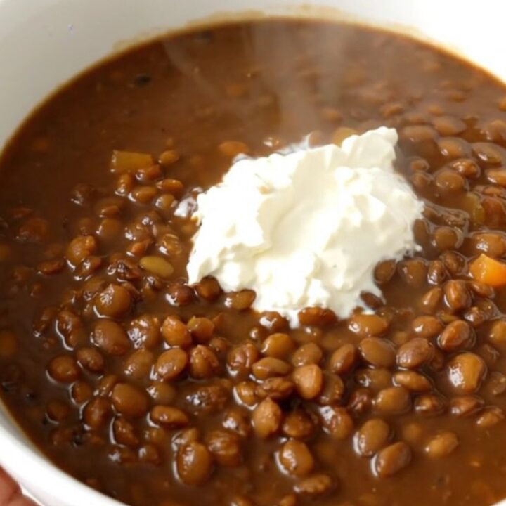 A top-down view of a black slow cooker filled with green lentils, sliced onions, and carrots in a rich red wine broth.