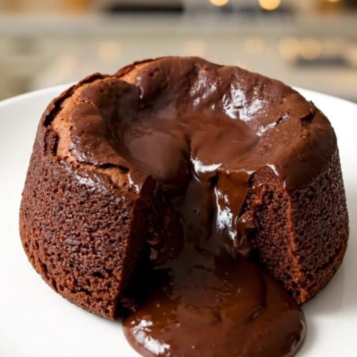 A warm, gooey praline chocolate molten cake served on a white plate with a spoon.
