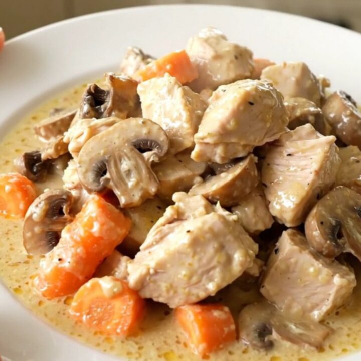 A white plate filled with creamy chicken blanquette featuring tender chicken cubes, vibrant carrot rounds