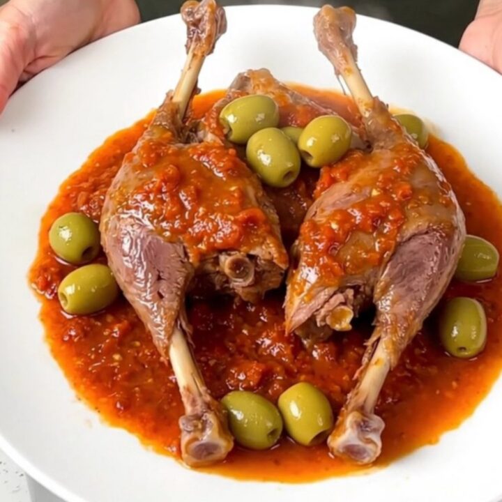 A plate of tender braised duck legs covered in a rich tomato and green olive sauce, ready to serve.