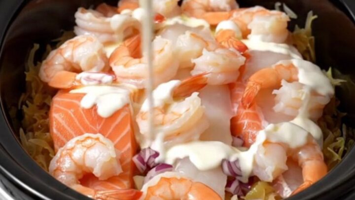 A steaming, elegant seafood and sauerkraut dish served in a white bowl with a drizzle of cream.