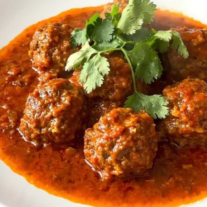 A steaming, flavorful beef kefta tagine served in a white bowl with a rich tomato sauce.