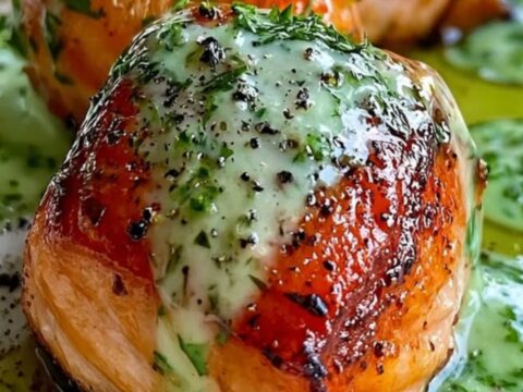 Close up of golden caramelized baby onions drizzled with creamy herb sauce on a white plate.