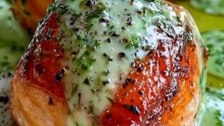 Close up of golden caramelized baby onions drizzled with creamy herb sauce on a white plate.