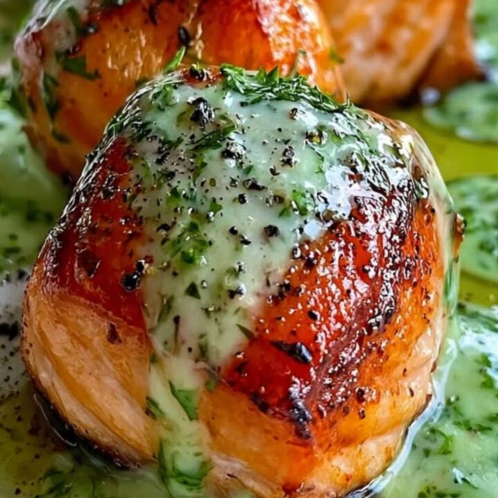 Close up of golden caramelized baby onions drizzled with creamy herb sauce on a white plate.