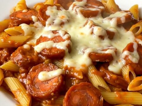 A top-down view of a slow cooker filled with raw chorizo, dry penne, herbs, and tomato coulis before cooking.