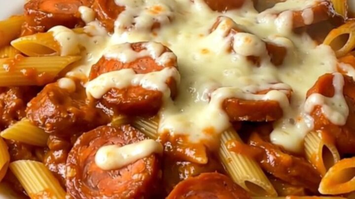 A top-down view of a slow cooker filled with raw chorizo, dry penne, herbs, and tomato coulis before cooking.