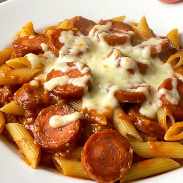 A top-down view of a slow cooker filled with raw chorizo, dry penne, herbs, and tomato coulis before cooking.
