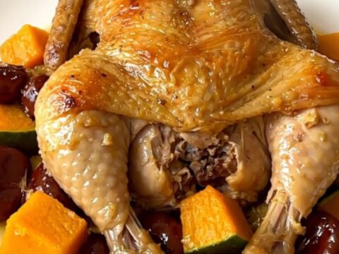 A top-down view of slow cooker chicken legs with pumpkin and chestnuts in a black ceramic pot.