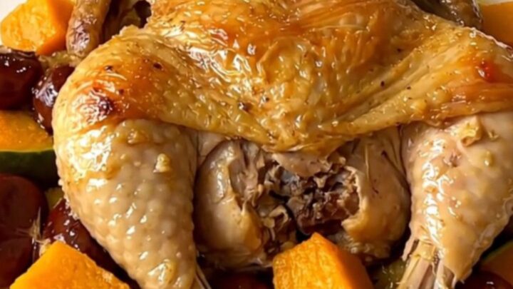 A top-down view of slow cooker chicken legs with pumpkin and chestnuts in a black ceramic pot.